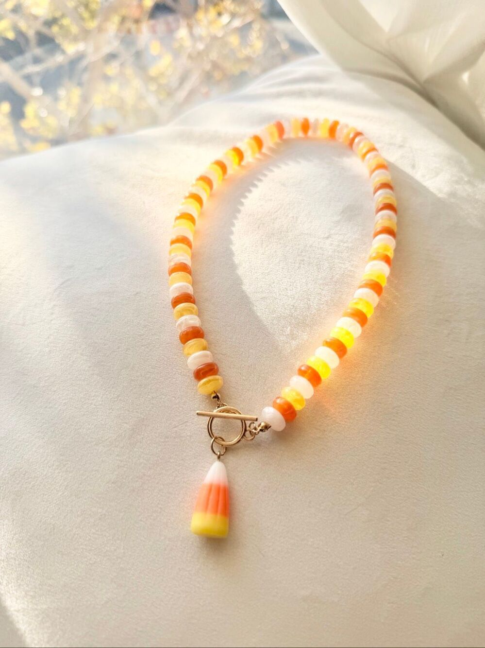 Candy Corn Beaded Necklace Halloween Orange Yellow White Charm Y2K